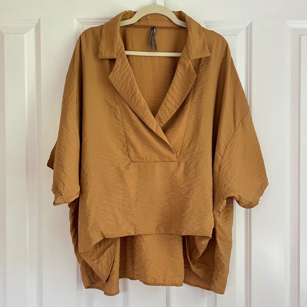 Anthropologie The Dylon Placket Top Mustard Brown V-Neck Textured Blouse Size XL - Picture 2 of 8